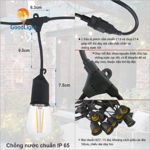 Dây Đuôi Đèn Kín Nước E27 10M X 15 Đuôi , 20 Đuôi, 30 Đuôi Dd01